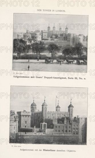 The Tower of London, Two views of the Tower of London in London, United Kingdom, page, photomechanical print, inscription: 'Aufgenommen mit Goerz' Doppel-Anastigmat, Serie III, No. o., Aufgenommen mit der Hinterlinse desselben Objektivs.', photographer: W. Rice, London, clichémaker: anonymous, c. 1895 - in or before 1900, W. Rice, photographer, clichémaker, paper, autotype, height 278 mm x width 196 mm, Prints opposite page 208. These prints are part of an advertisement for Goerz, a manufacturer of cameras and lenses., tower, clock tower, monumental adornment, Tower of London, A vertical page showing two rectangular black-and-white photographs of a stone fortress with towers and crenellated walls, trees and a grassy area in front, and a street with horse-drawn carriages and small figures visible; the upper photograph is framed by a thin border and shows a wider view of the complex with distant buildings and a row of trees separating the fortress from the roadway, while the lower photog...