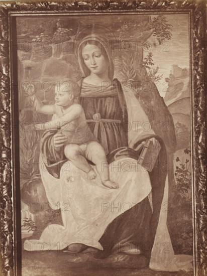 Photo reproduction of the fresco Madonna del Garofano by Bernardino Luini in the Certosa di Pavia, Certosa di Pavia, Madonna di Luino, photograph, reproduction, number: '984', inscription: 'No. 10. Madonna von Luini in der Sacristei.', photographer: Alfredo Noack, after painting by Bernardino Luini, c. 1877 - in or before 1882, Lombardy, paper, pasteboard, albumen print, height 380 mm x width 287 mm, Madonna: ie Mary with the Christ-child, painting (including book-illumination, miniature-painting) (mural painting), A framed sepia-toned painting showing a robed woman with a head covering holding a young child on her lap; the woman looks down with a serene expression and a faint circular halo around her head, while the child reaches outward holding a tall plant and sits with bare legs and feet exposed; the woman wears layered garments with a sash at her waist and a draped cloak, and a small book or box rests near her hand; the background contains rocky terrain, foliage, and distant archi...