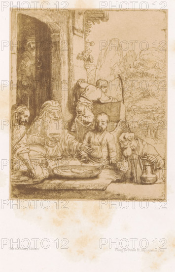 Photo reproduction of an etching of Abraham receiving the three angels by Rembrandt van Rijn, photograph, reproduction, page, photographer: Bisson Frères, after print by Rembrandt van Rijn, printer (person): Lemercier, Paris, publisher: Gide et J. Baudry, c. 1848 - in or before 1853, Rembrandt van Rijn, after print by, printer (person), paper, salted paper print, height 162 mm x width 133 mm, Abraham entertaining the three angels, A sepia-toned etching shows a group of seated figures around a low surface with a large shallow dish, a man with a long beard holds a goblet while another figure reaches toward a bowl, a child leans over a raised block near a curved tool, an elderly man with a long beard and a jug rests at the edge, a standing figure is visible in a dark doorway to the left, architectural columns and foliage fill the background, and soft stains and aging marks are visible on the paper.
