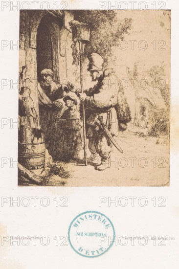 Photo reproduction of an etching of the rat poison seller by Rembrandt van Rijn, photograph, reproduction, page, collector's mark: 'MINISTÈRE, SOUSCRIPTIONS, D'ÉTAT.', photographer: Bisson Frères, after print by Rembrandt van Rijn, printer (person): Lemercier, Paris, publisher: Gide et J. Baudry, c. 1848 - in or before 1853, Rembrandt van Rijn, after print by, printer (person), paper, salted paper print, height 140 mm x width 120 mm, merchant, salesman, A sepia-toned etching shows an older man in a cloak and hat standing outside a doorway, holding a tall staff topped with a small cage; he leans slightly forward and extends one hand toward a bearded figure inside the doorway. The bearded figure appears seated or reclining within the shadowed interior and reaches outward to meet the other man’s hand; a younger face is visible lower in the doorway looking up. To the left of the doorway a wooden barrel and rough planks are visible, and the right side of the scene opens to a lightly sketche...