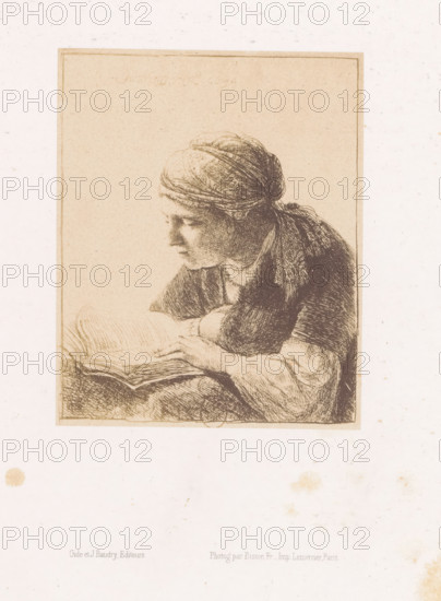 Photo reproduction of an etching of a reading woman by Rembrandt van Rijn, photograph, reproduction, page, photographer: Bisson Frères, after print by Rembrandt van Rijn, printer (person): Lemercier, Paris, publisher: Gide et J. Baudry, c. 1848 - in or before 1853, Rembrandt van Rijn, after print by, printer (person), paper, salted paper print, height 123 mm x width 99 mm, adult woman, reading, A sepia-toned etched image shows a person leaning forward with their head turned slightly to the side, wearing a head covering and layered clothing, one arm resting on a surface while the other hand touches the open pages of a large book; the figure is framed by a narrow border on a light, speckled background with small discolored spots.