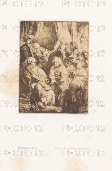 Photo reproduction of an etching of Joseph telling his dreams by Rembrandt van Rijn, photograph, reproduction, page, photographer: Bisson Frères, after print by Rembrandt van Rijn, printer (person): Lemercier, Paris, publisher: Gide et J. Baudry, c. 1848 - in or before 1853, Rembrandt van Rijn, after print by, printer (person), paper, salted paper print, height 113 mm x width 85 mm, Joseph relating his dreams (the two dreams combined), A rectangular sepia-toned etching centered on a light background shows a crowded interior scene with multiple figures dressed in historical robes and headwear. Figures with turbans and draped garments occupy the left and center, some seated and some standing, their faces rendered with detailed lines and varied expressions. A younger figure with lighter hair stands near the center, hands slightly raised, surrounded by older bearded men and other onlookers. Curtain-like drapery hangs behind the group, and architectural elements such as a column and arch ap...