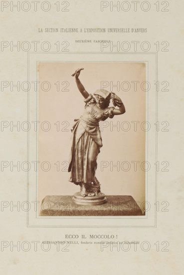 Sculpture of a woman, Ecce il Moccolo!, La Section Italienne a l'Exposition Universelle d'Anvers - Deuxième Fascicule, photograph, page, inscription: 'ALESSANDRO NELLI, fonderia romana artistica ed industriale.', c. 1880 - in or before 1885, photographer, paper, albumen print, height 138 mm x width 97 mm, Photo on loose plate opposite page 48., piece of sculpture, reproduction of a piece of sculpture, adult woman, A framed sepia photograph of a sculpted female figure standing on a decorative round base placed on a patterned cloth, the woman wearing a flowing dress with gathered sleeves and a sash at the waist, one arm raised holding a small object and the other bent with a hand near her head, a cloth or headscarf partially covering her hair, detailed drapery in the skirt and visible footwear on the base, the photograph mounted on a textured sheet with a visible border around the image.