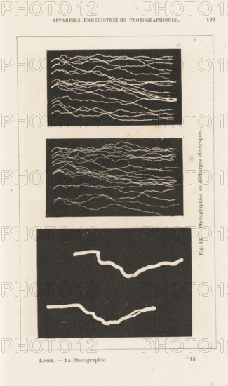 Three images of electrical discharges, page, photomechanical print, inscription: 'Fig. 43. - Photographies de discharges électriques.', photographer: Albert Londe, cliché maker: anonymous, c. 1883 - in or before 1888, paper, collo-autotype, height 80 mm x width 150 mm, electrical phenomena, A vertically oriented aged paper page with a thin rectangular border containing three dark rectangular panels stacked vertically; the top panel shows many thin pale irregular squiggly lines running horizontally against a dark background, the middle panel displays a denser arrangement of similar thin pale wavy lines across a dark field, and the bottom panel features two thicker pale irregular curved bands on a dark background; the paper shows small brownish spots and light discoloration around the edges.