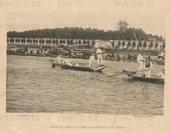 Rowers with spectators on the rowing course, page, photomechanical print, inscription: 'Épreuve tirée d'après un négatif sur fout', photographer: Albert Londe, cliché maker: Michel Berthaud, c. 1883 - in or before 1888, Albert Londe, Michel Berthaud, photographer, cliché maker, paper, collotype, photoprint, height 103 mm x width 160 mm, rowing, canoeing, etc. (sport) (organization, club (sports, games, etc.)), A wide waterscape shows multiple rowboats and small vessels clustered on a calm river, each boat occupied by people wearing light-colored clothing and dark vests, some standing and some seated while holding oars or leaning on boat edges; in the foreground a few boats are closer with visible water ripples and gentle waves, while behind them a larger passenger boat and more crowded small craft line the river near a stone embankment topped by a balustrade and a row of evenly spaced trees; beyond the embankment dense foliage and taller trees rise against a pale sky, and along the riv...