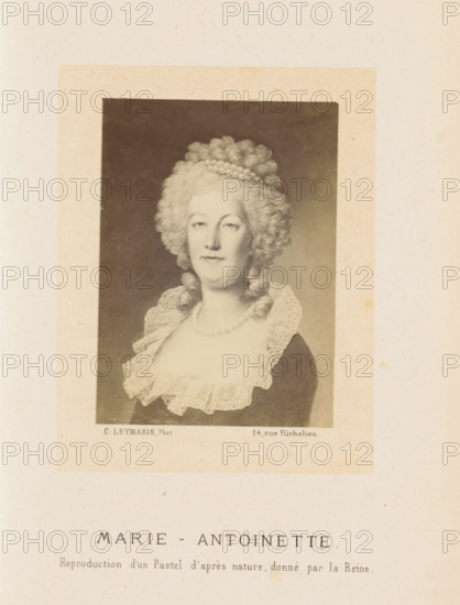 Photo reproduction of a drawn portrait of Marie Antoinette, photograph, reproduction, page, inscription: 'Reproduction d'un Pastel d'après nature, donné par la Reine', photographer: Charles Leymarie, Paris, after design by anonymous, c. 1861 - in or before 1866, paper, albumen print, height 88 mm x width 65 mm, Person, Marie Antoinette, historical persons - BB - woman, queen, A faded portrait of a woman in period dress is centered on an aged sheet, showing her from the chest up within a darker rectangular frame; she has pale skin and an elaborate high powdered hairstyle with curls and a braided band, a composed facial expression, and earrings; she wears a low neckline with a layered lace collar and a string of pearls at her neck, and the portrait area is surrounded by a lighter margin that sits on a textured beige background.