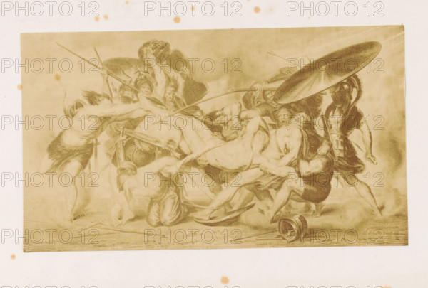 Photo reproduction of a painting of the fight over the body of Patroclus, photograph, reproduction, page, after painting by Antoine Joseph Wiertz, c. 1861 - in or before 1866, photographer, paper, albumen print, height 92 mm x width 160 mm, Photo opposite title page., the fight over the body of Patroclus, A sepia-toned scene of a group of partially and fully nude figures intertwined in a dynamic struggle, with several men wearing helmets and one holding a large round shield, long spears and curved weapons crossing the composition, a fallen helmet and scattered weapons on the ground, flowing hair and drapery, varied muscular poses and contorted limbs, a pale blank border surrounding the rectangular image and small round discoloration marks on the border.