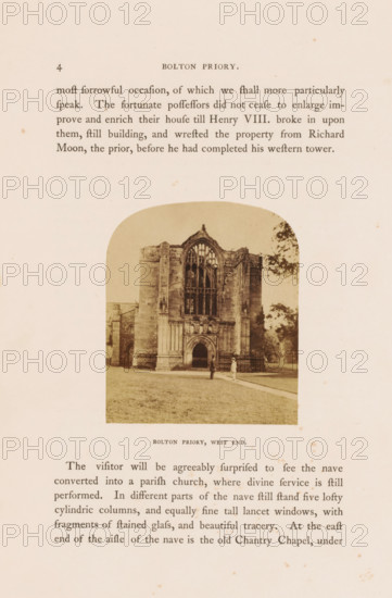 West side of Bolton Priory at Bolton Abbey, Bolton Priory, West end, photograph, page, photographer: William Russell Sedgfield, Bolton Abbey, c. 1857 - in or before 1862, Yorkshire, Wharfedale, paper, albumen print, height 72 mm x width 62 mm, Photo on page 4., ruin of church, monastery, A sepia-toned photograph shows the stone west front of a ruined priory with a large arched entrance and tall ornate window openings above, flanked by thick vertical buttresses; two small human figures stand on the lawn in front of the building, and trees appear at the right edge of the image, all set against a pale background on an aged paper page.
