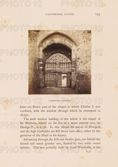 Portal of Carisbrooke Castle, Carisbrooke, gateway, photograph, page, photographer: McLean & Melhuish, Carisbrooke Castle, c. 1857 - in or before 1862, Isle of Wight, paper, albumen print, height 74 mm x width 73 mm, Photo on page 193., ruin of a dwelling, house, castle, gate, entrance, A sepia-toned photograph of a stone gateway centered on an aged cream page, showing a large arched doorway set into rough stone walls with a heavy wooden door reinforced by a grid of studs and panels, a smaller rectangular opening within the lower part of the door revealing a distant arched passage, layered stone voussoirs forming the arch, a bell or metal fixture mounted near the right side of the arch, irregular stonework and blocks with contrasting lighter and darker bands at the jambs, a square patch of rubble or protruding stone to the right of the doorway, scattered small stains and foxing marks on the surrounding page, and blocks of printed text below the photograph.