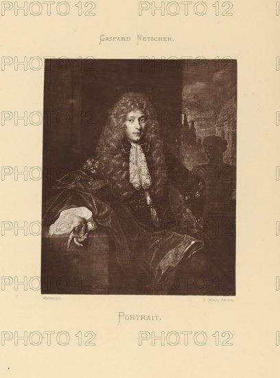 Portrait, Reproduction of a painted portrait of an unknown man by Caspar Netscher, reproduction, page, photomechanical print, photographer: Joseph Maes, Antwerp, after painting by Caspar Netscher, c. 1873 - in or before 1878, paper, Woodburytype, Woodburytypepie, height 144 mm x width 119 mm, historical persons, A sepia-toned printed portrait of a seated figure wearing a long curly wig and ornate clothing with a lacy cravat, the figure's face turned slightly forward and one hand resting on a ledge with fingers extended; the background shows a dark interior space on one side and a lighter area suggesting architectural forms on the other, with draped fabric and textured shadows throughout the image.