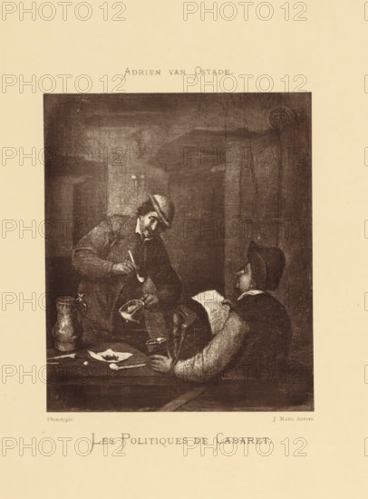 Reproduction of a painting of a scene in a tavern by Adriaen van Ostade, Les Politiques de Cabaret, reproduction, page, photomechanical print, photographer: Joseph Maes, Antwerp, after painting by Adriaen van Ostade, c. 1873 - in or before 1878, paper, Woodburytype, Woodburytypepie, height 138 mm x width 116 mm, inn, coffee-house, public house, A rectangular sepia-toned print centered on a pale background shows a dimly lit interior scene with two men seated at a table. One man, wearing a hat and coat, leans forward holding a spoon and appears to be stirring or serving from a vessel, while the other man, seated closer to the viewer and wearing a brimmed cap, faces him and holds a sheet or folded object. On the table there is a tall pitcher, a shallow dish, utensils, and a small cup. The print has a textured, slightly scratched surface and is framed by margins of blank paper.