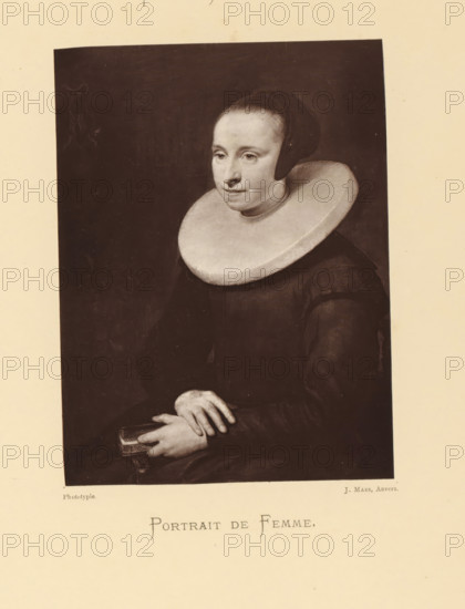 Portrait de Femme, Reproduction of a painted portrait of a young unknown Dutch woman by Jan Antonisz. van Ravesteyn, reproduction, page, photomechanical print, photographer: Joseph Maes, Antwerp, after painting by Jan Antonisz van Ravesteyn, c. 1873 - in or before 1878, paper, Woodburytype, Woodburytypepie, height 155 mm x width 117 mm, family life at home, A monochrome portrait of a seated woman wearing a dark dress and a large white stiff ruff around her neck, her hair covered by a close-fitting dark cap, shown from the waist up against a dark background, her hands resting one atop the other and holding a small rectangular book.