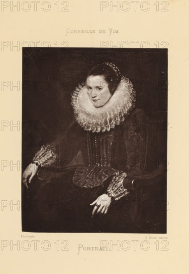 Reproduction of a painted portrait of Anne-Frederick van der Bouchorst by Cornelis de Vos, Portrait, reproduction, page, photomechanical print, photographer: Joseph Maes, Antwerp, after painting by Cornelis de Vos, c. 1873 - in or before 1878, paper, Woodburytype, height 149 mm x width 118 mm, Person, Anne-Frederick van der Bouchorst, historical persons - BB - woman, A seated woman in dark, formal clothing occupies the central framed area, wearing a large, elaborate ruffled collar and matching ruffled cuffs, with her hair pulled back and adorned with a beaded headpiece; her face is turned slightly toward the viewer with a neutral expression, and her hands rest on the arms of a chair, one hand showing a ring. The clothing features decorative vertical elements and textured fabric, and the background inside the frame is dark and plain. The image is printed on a light-colored page with wide margins surrounding the dark inner portrait.