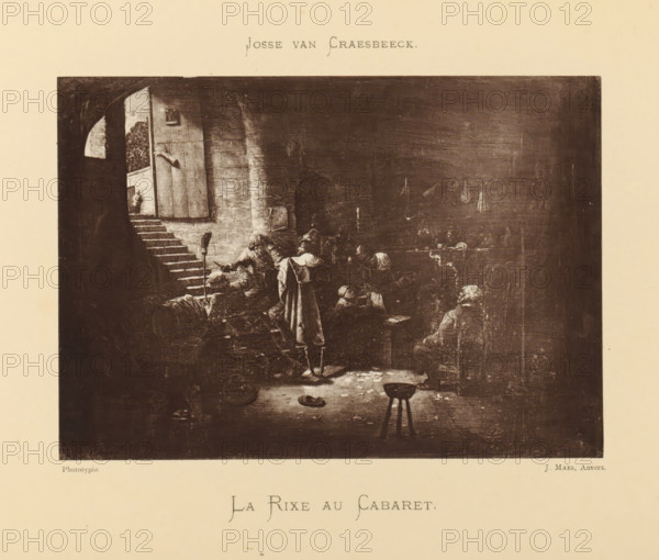 La Rixe au Cabaret, Reproduction of a painting of a quarrel in a tavern by Joos van Craesbeeck, reproduction, page, photomechanical print, photographer: Joseph Maes, Antwerp, after painting by Joos van Craesbeeck, c. 1873 - in or before 1878, paper, Woodburytype, Woodburytypepie, height 117 mm x width 167 mm, inn, coffee-house, public house, drunken brawl (usually peasants fighting in an inn), A dark sepia print depicting an interior scene with figures and scattered objects, showing a stone archway and a doorway with steps leading upward on the left, a standing figure in a long coat and hat near the center facing a group of seated and reclining figures, various indistinct objects on the floor including a small stool and scattered items, rough stone walls and a square panel on the wall near the doorway, dim lighting with deeper shadows to the right and brighter area near the entrance, and a pale border surrounding the image.