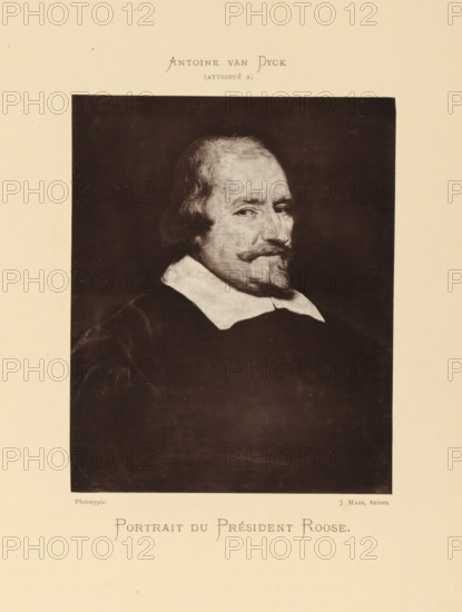 Portrait of President Roose, Reproduction of a painted portrait of Peter Roose, attributed to Anthony van Dyck, reproduction, page, photomechanical print, photographer: Joseph Maes, Antwerp, c. 1873 - in or before 1878, paper, Woodburytype, Woodburytypie, height 145 mm x width 118 mm, Person, Peter Roose, historical persons, A sepia-toned portrait of an older man shown from the chest up against a dark background, with a pale ruffled collar contrasting against a dark garment; the man has wavy hair at the sides, a mustache and a pointed goatee, and his face is turned slightly to the side with a neutral expression.