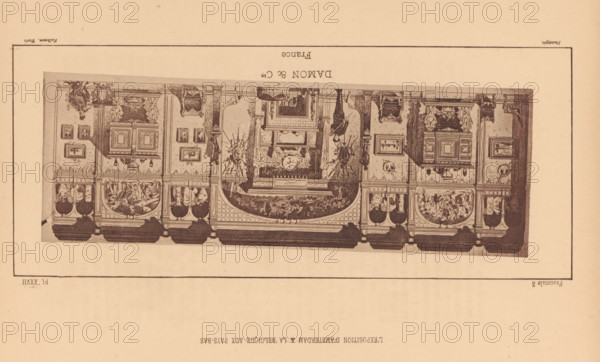 Reproduction of a print of a design for the French pavilion at the 1883 World's Fair in Amsterdam, reproduction, page, photomechanical print, inscription: 'Damon & Cie, France', inscription: 'Fascicule 3, PL. XXVII', maker: Truchelut & Valkman (possibly), after print by anonymous, c. 1878 - in or before 1883, Truchelut & Valkman, after print by, paper, collotype, photogravure, height 81 mm x width 236 mm, world fair, world exhibition, Wereldtentoonstelling 1883 (Amsterdam), A rectangular sepia-toned image shows an ornate interior panel with decorative carvings and framed pictures, presented upside down on a plain background. The central panel features a large decorative piece with intricate patterns, sculpted figures, and ornamental motifs, flanked by smaller framed artworks and carved pilasters. Along the lower edge of the panel there are semicircular decorative niches filled with figurative scenes and ornamental vases, separated by vertical supports and moulded bases. The surrounding...