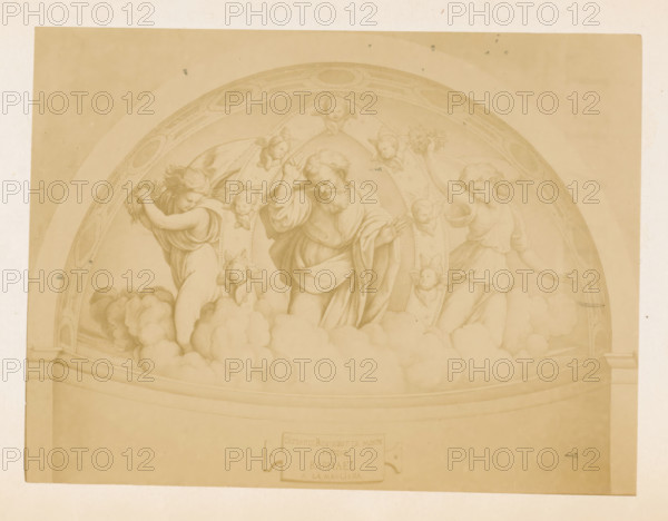 Fresco of God Blessing the World by Raphael, from the chapel of a villa in La Magliana, Rome, photograph, page, c. 1868 - in or before 1873, photographer, paper, albumen print, height 127 mm x width 168 mm, Photo opposite title page., picture, painting, God the Father represented as a human being, usually with crown or tiara or scepter and, or globe, A faded sepia-toned drawing shows a domed semicircular composition with figures among clouds. In the central area an older bearded male figure stands with flowing robes and an arm raised, flanked by two female figures in draped garments who hold floral elements and extend arms outward. Several small cherubic heads with wings appear around the central figures, integrated into the ornamental arch above them. The arch contains decorative oval motifs and patterned bands. Voluminous clouds fill the lower portion of the dome, resting on an architectural cornice that curves across the composition. The paper shows signs of age with slight stains a...