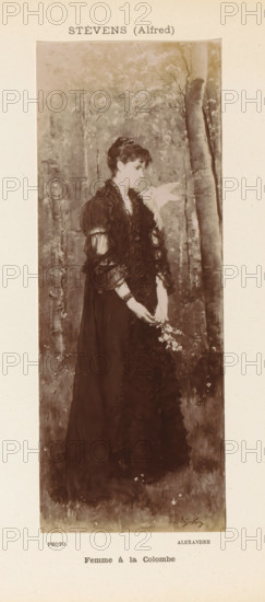 Photographic reproduction of a painting of a portrait of an unknown woman with a dove on her shoulder by Alfred Stevens, Femme à la Colombe, photograph, reproduction, page, photographer: Alexandre, after painting by Alfred Stevens, c. 1895 - in or before 1900, paper, daylight gelatin silver print, height 211 mm x width 80 mm, Photo on third unnumbered page after page 18., historical persons not known by name - BB - woman, doves, pigeons, A sepia-toned portrait of a woman standing in a vertical frame against a painted woodland backdrop, wearing a dark, full-length dress with layered ruffles and puffed sleeves, her hair styled up with a decorative hairpiece, a light-colored bird perched near her shoulder, her hands held low in front of her holding a small spray of flowers, tree trunks and foliage visible behind her and grass at her feet.