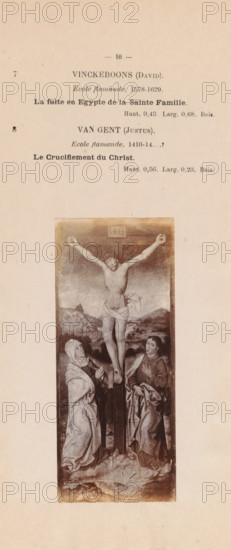 Photo reproduction of a painting of the Crucifixion of Christ by Justus van Gent, photograph, reproduction, page, photographer: Georges Raynaud, after painting by Justus van Gent, c. 1886 - in or before 1891, paper, daylight gelatin silver print, height 142 mm x width 60 mm, Photo on page 10., crucified Christ with Mary and John on either side of the cross, Holy Rood, A faded printed page showing a vertical rectangular artwork reproduction centered on the lower half, depicting a crucifixion scene with a central male figure on a cross, arms outstretched and head bowed, wearing a cloth around his waist and a crown-like headpiece, flanked at the base by two robed figures looking toward him, set against a landscape background with hills and sky; the page has an off-white, aged paper tone with visible small spots and a wide blank margin around the artwork and printed headings above the image.
