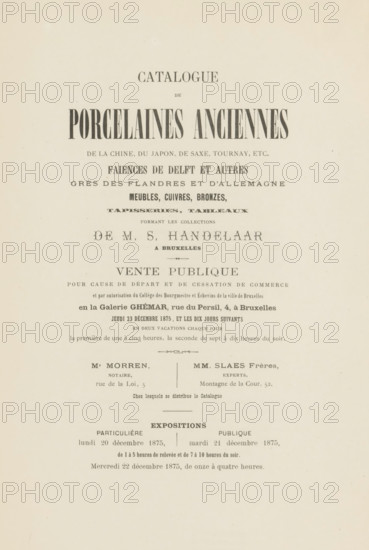 Catalogue de porcelaines anciennes de la Chine, du Japon, de Saxe, Tournay, etc. faiences from Delft and large des Flandres et d'Allemagne furniture, cuivres, bronzes, tapesseries, tableaux formant les collections de MS Handelaar a Bruxelles, book, annotation: 'JULY, 1991', 1875, paper, printing, albumen print, height 290 mm x width 190 mm x thickness 17 mm, A vertically oriented aged paper page with centered rows of printed dark serif and display type forming a title layout, showing large bold decorative words near the top and progressively smaller lines of text beneath, separated by thin ornamental rules and spacing, with two narrow columns of shorter lines and small ornamental symbols lower down, and a wide blank margin around and below the printed area.
