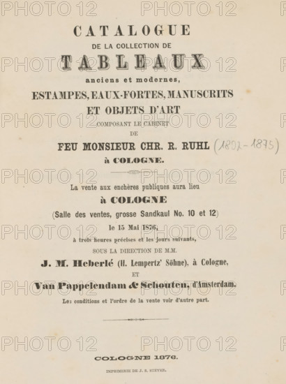 Catalogue of the collection of old and modern tables, stages, eaux-fortes, manuscripts and objets d'art composant le cabinet de feu monsieur Chr. R. Ruhl à Cologne, book, date: '... 1937', annotation: '*142, No 1 to 4', annotation: 'Ex-N 1993', annotation: '48, 115, 79', 1876, textile materials, paper, linen (material), printing, albumen print, height 261 mm x width 202 mm x thickness 25 mm, A vertically oriented aged paper page with printed headings and multiple lines of text arranged in centered alignment, featuring a variety of bold and decorative typefaces and ornamental flourishes, darker ink at the top fading toward the edges, several scattered small brown spots and faint discoloration, and a narrow blank margin around the text.