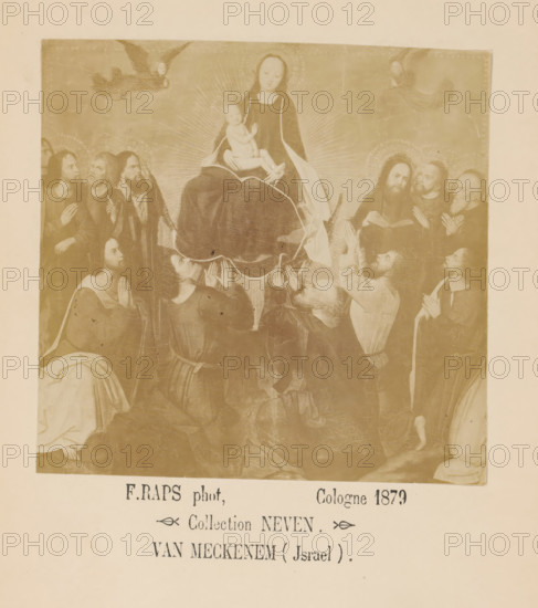 Photo reproduction of a painting of the Adoration of Mary with Child, photograph, reproduction, page, inscription: 'Collection NEVEN, Van Meckenem (Israel)', photographer: Friedrich Raps, Cologne, after painting by anonymous, 1879, North Rhine-Westphalia, paper, albumen print, height 105 mm x width 109 mm, Photo opposite title page., Madonna: Mary sitting or enthroned, the Christ-child in her lap (or in front of her bosom) (Mary sometimes represented half-length) (donor(s), supplicant(s), whether or not with patron saint(s)), A faded rectangular artwork shows a seated woman with a halo holding a small child on her lap, surrounded by radiating lines and flanked by several kneeling and standing figures looking toward them, some with hands raised or clasped in prayer; two winged figures appear near the top corners above the scene, and portions of draped garments and overlapping bodies fill the lower area, all presented on a pale background.