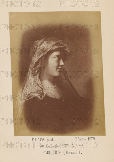 Photo reproduction of a painting of a shepherdess, photograph, reproduction, page, inscription: 'Collection NEVEN, Fabritius (Bernard)', photographer: Friedrich Raps, Cologne, after painting by Barent Fabritius (possibly), 1879, North Rhine-Westphalia, paper, albumen print, height 133 mm x width 98 mm, herding, herdsman, herdswoman, shepherd, shepherdess, cowherd, A sepia-toned portrait of a young woman in profile facing right, wearing a translucent headscarf draped over her hair and shoulders, her face partially lit with soft shadows along her cheek and nose, a single earring visible at her ear, a textured garment at her neckline, and a blurred dark background framed by a lighter border within the photograph.