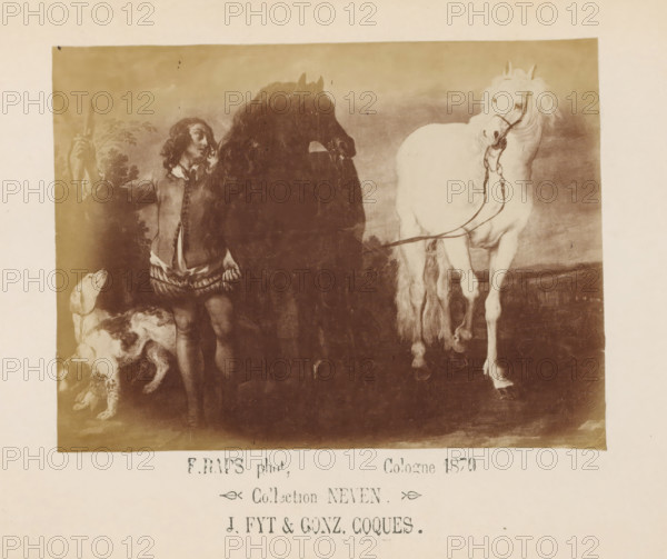 Photo reproduction of a painting of a boy with two horses at the reins by Joannes Fijt and Jan Cossiers, photograph, reproduction, page, inscription: 'Collection NEVEN, J. Fyt & Gonz. Coques.', photographer: Friedrich Raps, Cologne, after painting by Joannes Fijt, after painting by Jan Cossiers, 1879, North Rhine-Westphalia, paper, albumen print, height 95 mm x width 128 mm, horse, youth, adolescent, A sepia-toned print shows a scene with a man standing between two horses, one dark and one light, the dark horse partly obscuring the man and the light horse facing slightly toward the viewer with a bridle and reins hanging; a dog with spotted markings stands near the man's legs looking upward; the man wears period clothing with a vest and collar and holds a staff in one hand while the background features indistinct, softly shaded landscape elements.