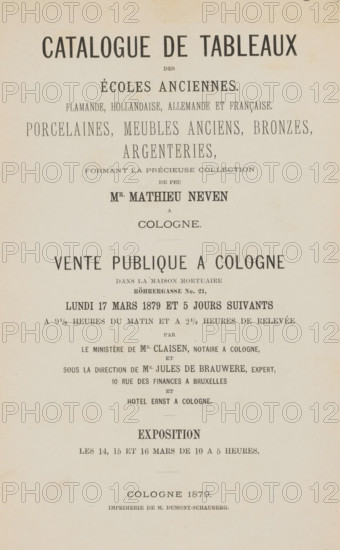 Catalogue de tableaux des écoles anciennes : flamande, hollandaise, allemande et française : porcelaines, antique furniture, bronzes, argenties, formant the precious collection of feu Mr. Mathieu Neven a Cologne, book, number: '1600.-', annotation: 'ex-N, 1993', 1879, textile materials, paper, linen (material), transparent paper, printing, albumen print, height 234 mm x width 161 mm x thickness 25 mm, A vertically oriented aged paper page with printed dark serif and sans-serif text arranged in centered lines, showing a large bold heading near the top and multiple smaller headings and body lines beneath; the paper has a warm off-white tone with slight discoloration and tiny foxing speckles around the edges, and the printed lines create a formal, poster-like layout with clear spacing between sections.