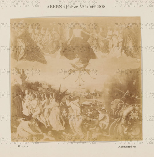 Photo reproduction of The Last Judgment by Jheronimus Bosch, photograph, reproduction, page, photographer: Alexandre, after painting by Jan Provoost, after painting by Jheronimus Bosch, c. 1878 - in or before 1883, paper, albumen print, height 109 mm x width 115 mm, Photo on page 4., Last Judgment, A faded rectangular print mounted on a pale sheet, showing a crowded scene of many mostly nude and partially draped human figures in various poses, some standing, some seated, some kneeling, and some reclining, arranged across a layered composition that includes a central elevated figure seated with an extended arm and a draped lower garment, groups of figures clustered to the left and right, winged figures and smaller cherubic forms interspersed, ornamental motifs and decorative flourishes near the middle, a distant landscape with architectural elements visible toward the lower center, darker draped fabrics and cloaks framing the upper corners, and portions of the mounting visible around th...