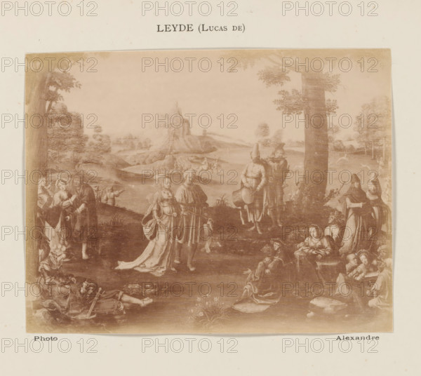 Photo reproduction of The Dance of Mary Magdalene by Lucas van Leyden, photograph, reproduction, page, inscription: 'Leyde (Lucas de)', photographer: Alexandre, after print by Lucas van Leyden, c. 1878 - in or before 1883, Lucas van Leyden, after print by, paper, albumen print, albumendruk, height 100 mm x width 130 mm, life of St. Mary Magdalene before her conversion, eg dancing, hunting, A faded sepia-toned reproduction of a detailed landscape scene centered on a group of people in period clothing gathered under trees with rolling hills and a distant rocky outcrop in the background, showing figures standing, sitting, and reclining; some figures appear near a tree trunk at right while others form small clusters across the foreground, with one pair in flowing garments near the center, a drummer-like figure and another playing a wind instrument nearby, scattered small animals and pastoral elements in the midground, and ornamental foliage and flowering plants in the lower area, all borde...