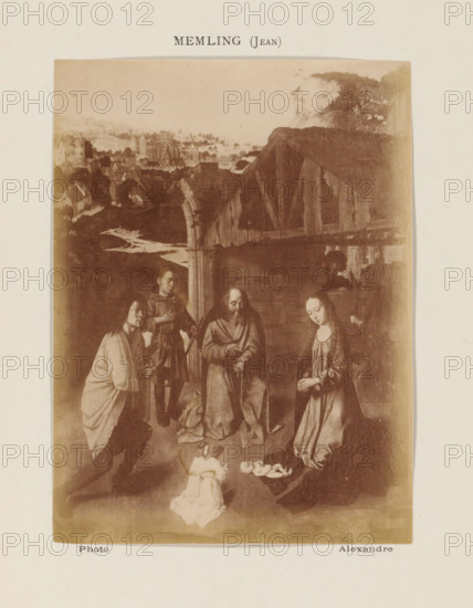 Photo reproduction of The Adoration of the Shepherds by Gerard David, photograph, reproduction, page, inscription: 'Memling (Jean)', photographer: Alexandre, after painting by Gerard David, c. 1878 - in or before 1883, paper, albumen print, height 139 mm x width 103 mm, adoration of the Christ-child by the shepherds, Mary and Joseph present, A sepia-toned image of a religious scene shows a group of robed figures gathered around an infant lying on a cloth on the ground, with another small child and figures kneeling and standing nearby; a woman in a long dress kneels with hands clasped, a bearded man stands with hands together, and other attendants in robes and cloaks form a semicircle; behind them is an arched wooden structure and a distant landscape with clustered buildings, a winding river, and hills under a pale sky.