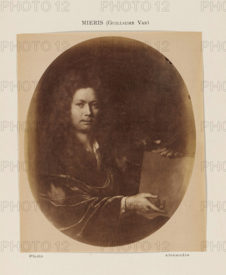 Photo reproduction of a self-portrait by Willem van Mieris, photograph, reproduction, page, inscription: 'Mieris (Guillaume Van)', photographer: Alexandre, after painting by Willem van Mieris, c. 1878 - in or before 1883, paper, albumen print, height 137 mm x width 103 mm, Person, portrait, self-portrait of painter, A sepia-toned oval photograph mounted on a pale rectangular sheet shows a portrait of a person with long curly hair and a composed facial expression, visible from the chest upward, wearing a dark draped garment with a lighter shirt collar peeking out; one hand is extended forward with an open palm resting on the edge of a flat surface while the other hand appears to hold a rectangular object, and the photograph has subtle scratches and spots.