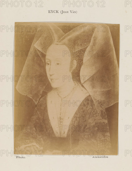 Photo reproduction of a portrait of Isabelle of Portugal by Rogier van der Weyden, photograph, reproduction, page, inscription: 'Eyck (Jean Van)', photographer: Alexandre, after painting by Rogier van der Weyden, c. 1878 - in or before 1883, paper, albumen print, height 130 mm x width 102 mm, Person, Isabella of Portugal, historical persons - BB - woman, A sepia-toned portrait of a woman wearing an elaborate headdress with wide translucent veils extending outward, showing a smooth, pale face with a calm expression and small, downcast eyes, a high forehead, and a narrow mouth; she wears a necklace and a low-cut garment with a patterned outer robe and visible stitching down the front, and her hands rest near the bottom edge where part of a floral shape is visible, all set against a dark rectangular background mounted on a lighter sheet.