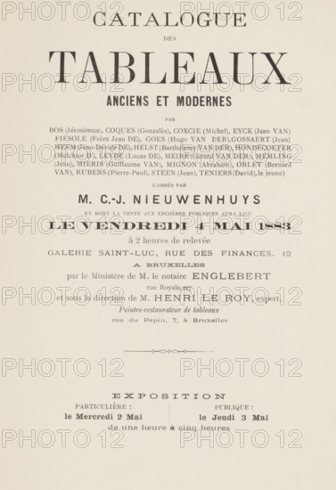 Catalogue des tableaux old et moderns by Bos (Jéronimus) ... Teniers (David), le jeune) laissés by MC-J. Nieuwenhuys, book, annotation: '... De MF Mappaerts 550', annotation: 'Photo', date: 'FEB 1986', 1883, textile materials, paper, linen (material), printing, albumen print, height 257 mm x width 157 mm x thickness 12 mm, A cream-colored page with large bold title text near the top, followed by several lines of smaller printed text arranged in centered blocks, a decorative horizontal flourish near the middle, and additional centered headings and lines of printed text toward the lower half, all in black ink on a pale background.
