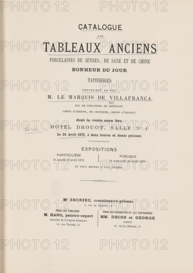 Catalogue des tableaux old porcelaines de Sèvres, de Saxe et de Chine bonheur du jour tapisseries provenant de feu M. le Marquis de Villafranca duc de Ferandina de Montalto comte d'Aderno, de Centobbe, Grand d'Espagne, book, date: 'JAN, 1999', annotation: 'ec, .z, ', number: '3026', 1870, textile materials, pasteboard, biological material, paper, linen (material), leather, printing, cocoa marbled paper, snail marbled paper, albumen print, height 274 mm x width 218 mm x thickness 17 mm, A pale page with printed dark serif headings and smaller lines of text arranged vertically, a centered decorative horizontal rule, a small handwritten word in cursive at left, and faint age spots and slight discoloration near the edges.