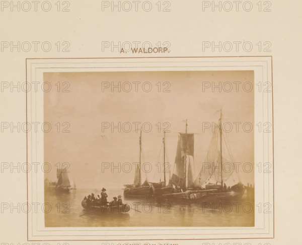 Photo reproduction of Marine, eau calme by Antonie Waldorp, Marine, eau calme, photograph, reproduction, page, inscription: 'A. Waldorp', after painting by Antonie Waldorp, c. 1878 - in or before 1883, photographer, paper, albumen print, albumendruk, height 97 mm x width 131 mm, sailing-ship, sailing-boat, landscapes with waters, waterscapes, seascapes (in the temperate zone), painting, drawing and the graphic arts, A sepia-toned photograph mounted on a beige mat showing a harbor scene with several sailing vessels moored close together, tall masts and furled sails, and a small rowboat in the foreground carrying several people; the water reflects the boats and figures, and faint distant boats and seabirds appear in the hazy background.
