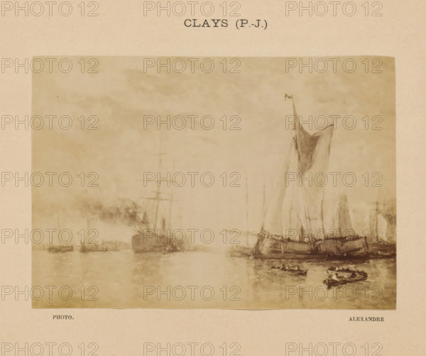 Clays (P.-J.), Photo reproduction of Rampe de Rotterdam by Paul Jean Clays, photograph, reproduction, page, photographer: Alexandre, after painting by Paul Jean Clays, c. 1888 - in or before 1893, paper, albumen print, albumendruk, height 101 mm x width 144 mm, sailing-ship, sailing-boat, landscapes with waters, waterscapes, seascapes (in the temperate zone), painting, drawing and the graphic arts, A faded sepia-toned maritime illustration showing several sailing vessels on calm water, with a large ship in the foreground displaying a tall mast and partially unfurled sails, smaller boats and rowboats clustered nearby, distant ships and masts visible through a hazy atmosphere, soft reflections on the water, and a textured paper border surrounding the image.