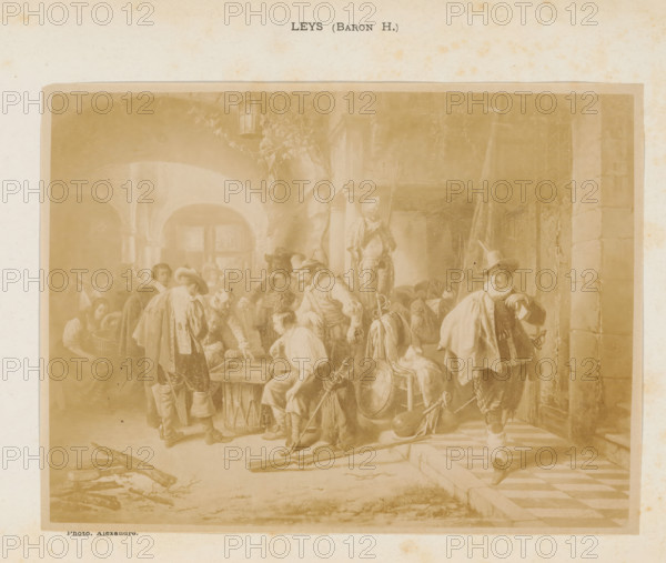 Photo reproduction of a painting of a group of men playing a game by Hendrik Leys, photograph, reproduction, page, photographer: Alexandre, after painting by Henri Leys (baron), c. 1875 - in or before 1880, paper, albumen print, height 130 mm x width 174 mm, recreation, the soldier off duty, games of calculation and chance, eg: card games, gambling, puzzles, A faded sepia image of a crowded interior scene framed by an aged border, showing a group of people in historic clothing gathered under arched doorways and near stone columns, with some figures seated and others standing, wearing wide-brimmed hats and cloaks, several holding long poles or staffs, a seated man near the center leaning over a wooden box or table, other men clustered around engaging with the box, a standing figure to the right near a doorway wearing a hat and cloak and resting a hand on his hip, woven baskets and drums on the floor among assorted garments and equipment, a lantern hanging from above near climbing vines,...