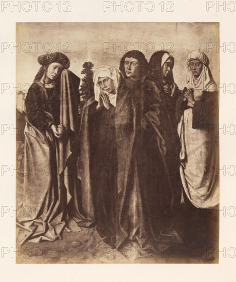 Photo reproduction of The Three Marys and the Saints John and Mary Magdalene by Jan Gossaert, photograph, reproduction, page, photographer: Edmond Fierlants, after painting by Jan Gossart, publisher: C. Muquardt, Brussels, c. 1856 - in or before c. 1861, paper, albumen print, albumendruk, height 358 mm x width 301 mm, the penitent harlot Mary Magdalene, possible attributes: book (or scroll), crown, crown of thorns, crucifix, jar of ointment, mirror, musical instrument, palm-branch, rosary, scourge, the holy women (the three Maries) on their way to or at the tomb, to anoint Christ's body, A monochrome image of five standing figures dressed in long draped garments and head coverings, arranged closely side by side, with visible folds and texture in their robes; the leftmost figure wears a rounded headdress and holds a small cylindrical object near a vertical draped cloth, the second figure has a white head wrap and clasped hands held near the face, the central figure has short curly hair ...