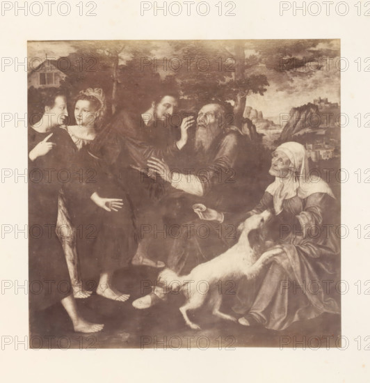 Photo reproduction of the Healing of Tobit by Jan Massijs, photograph, reproduction, page, photographer: Edmond Fierlants, after painting by Jan Massijs, publisher: C. Muquardt, Brussels, c. 1856 - in or before c. 1861, paper, albumen print, albumendruk, height 268 mm x width 272 mm, the healing of Tobit: Tobias puts the gall of the fish on his father's eyes, A sepia-toned painting showing several figures gathered in an outdoor landscape with trees and distant rocky hills, a young woman with pulled-back hair and a headpiece looking toward a young man who gestures with his hand, a bearded older man seated with his hand raised toward his face while another dark-haired man leans in toward him, an elderly woman wearing a headscarf seated to the right holding a small shell in one hand and petting a small dog that stands on its hind legs, visible feet and sandals at the lower edge, and a building partially visible among trees in the background.