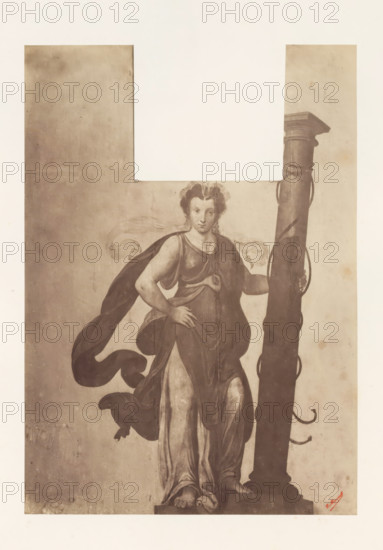 Photo reproduction of Sibyl with column by Lambert van Noort, photograph, reproduction, page, photographer: Edmond Fierlants, after painting by Lambert van Noort, publisher: C. Muquardt, Brussels, c. 1856 - in or before c. 1861, paper, albumen print, albumendruk, height 340 mm x width 241 mm, sibyls, A sepia-toned illustration of a standing female figure in flowing drapery with a cloak billowing behind her, one hand resting on her hip and the other holding a tall, ornate column beside her; she has curled hair and a calm facial expression, bare feet on a stepped base, and the background shows a rectangular lighter area at the top with a textured darker surface below.