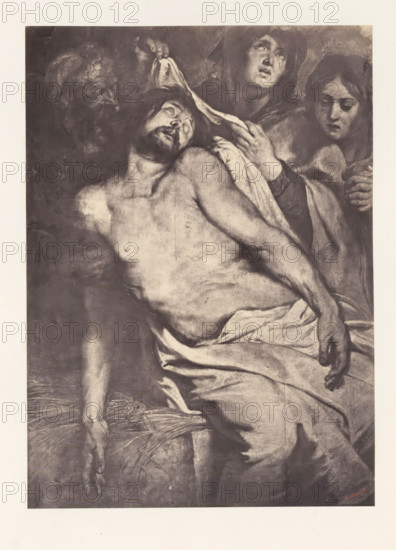 Photo reproduction of Christ on the Straw by Peter Paul Rubens, photograph, reproduction, page, photographer: Edmond Fierlants, after painting by Peter Paul Rubens, publisher: C. Muquardt, Brussels, c. 1856 - in or before c. 1861, paper, albumen print, albumendruk, height 343 mm x width 247 mm, Christ lying on the stone of unction, A grayscale image of a painted scene showing a partially nude man reclining with his torso exposed and head tilted back, his eyes closed and mouth slightly open, draped with a cloth around his lower body; behind and beside him are three figures with visible faces and hands, one holding a white cloth near the man's head and another looking downward, all with somber expressions; the composition includes detailed shading and visible brush textures, with the man's outstretched arm and hand hanging limply and a background of darker tonal areas.