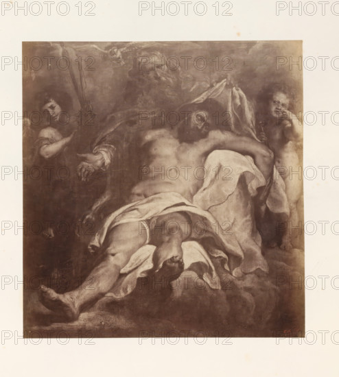 Photo reproduction of the Holy Trinity by Peter Paul Rubens, photograph, reproduction, page, photographer: Edmond Fierlants, after painting by Peter Paul Rubens, publisher: C. Muquardt, Brussels, c. 1856 - in or before c. 1861, paper, albumen print, albumendruk, height 318 mm x width 302 mm, God the Father holding the crucified or dead Christ, A large monochrome painting reproduction shows a reclining male figure with draped cloth across his lower body, muscular limbs, and a tilted head; an older bearded male figure leans over him with one hand near the reclining figure and flowing garments around them; a childlike figure stands at one side holding a small object and touching its face; another youthful figure appears at the opposite side partially obscured; soft cloudlike forms fill the background and a bird with outstretched wings is visible near the top.
