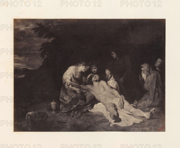 Photo reproduction of the Lamentation of Christ by Peter Paul Rubens, photograph, reproduction, page, photographer: Edmond Fierlants, after painting by Peter Paul Rubens, publisher: C. Muquardt, Brussels, c. 1856 - in or before c. 1861, paper, albumen print, albumendruk, height 257 mm x width 343 mm, Christ's body supported by Mary, others present, A dark rectangular painting bordered by a light background shows a group of figures arranged around a reclining nude male whose body is draped with a light cloth. A woman with light hair leans over him, touching his forehead while another figure nearby supports his head. Two hooded figures stand to the right, one with hands near the face and the other with a sorrowful open mouth. Drapery and textured ground surround the figures, and a vessel and a bucket appear near the lower left. The upper left shows a shadowy landscape with trees and a clouded sky.