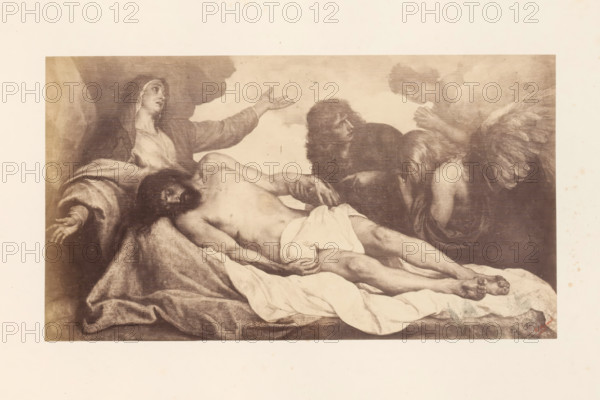 Photo reproduction of the Lamentation of Christ by Anthony van Dyck, photograph, reproduction, page, photographer: Edmond Fierlants, after painting by Anthony van Dyck, publisher: C. Muquardt, Brussels, c. 1856 - in or before c. 1861, paper, albumen print, albumendruk, height 209 mm x width 375 mm, Christ's body supported by Mary, others present, A sepia-toned painting shows a reclining male figure draped with a light cloth across his lower body, his head leaning to one side and his arms extended; a robed woman with an outstretched arm and upward gaze sits behind him on the left, and two other figures with long hair and wings are positioned on the right with one figure leaning forward and another looking downward, all arranged on a textured draped surface against a cloudy background.