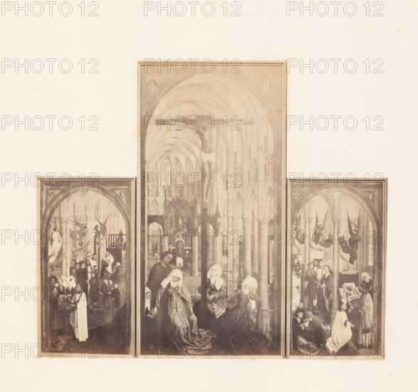 Photo reproduction of The Seven Sacraments by Rogier van der Weyden, photograph, reproduction, page, photographer: Edmond Fierlants, after painting by Rogier van der Weyden, publisher: C. Muquardt, Brussels, c. 1856 - in or before c. 1861, paper, albumen print, height 291 mm x width 341 mm, the seven Sacraments of the Roman Catholic Church, A triptych-style framed artwork with three vertical panels depicting a cathedral interior, the central panel showing a large crucifix suspended above a vaulted nave with tall arched windows and rows of columns, while the side panels contain scenes of numerous human figures engaged in various activities beneath gothic arches, many wearing period clothing and some with head coverings, and angels or winged figures appearing in the upper parts of the side panels; the overall image has a faded, sepia-toned appearance and is set against a wide pale background.
