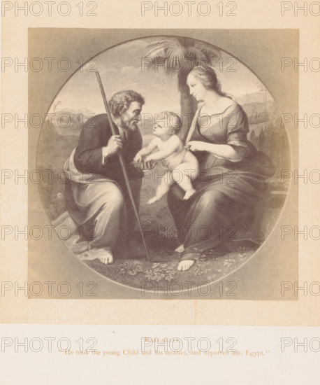 Photo reproduction of a print after a painting, depicting the rest on the flight into Egypt, photograph, reproduction, page, inscription: ''He took the young Child and his mother, and departed into Egypt.'', after painting by Raphael, after print by anonymous, c. 1861 - in or before 1871, photographer, after print by, paper, albumen print, height 109 mm x width 108 mm, rest on the flight into Egypt, A sepia-toned circular engraving depicting three seated figures on grass beneath a palm tree, with a bearded man on the left holding a long staff and leaning toward a naked young child in the center, and a woman on the right seated with a draped dress holding the child and looking toward him, distant hills and a serene landscape visible in the background.