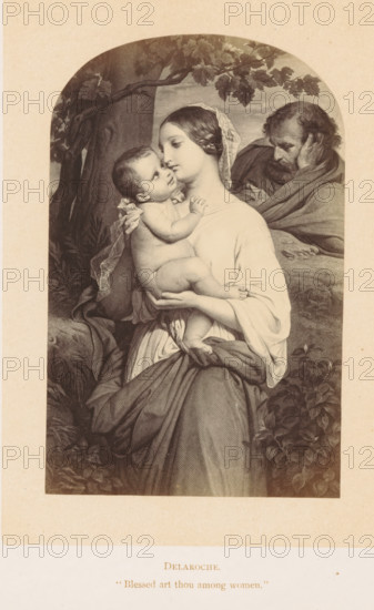 Photo reproduction of a print after a painting, depicting Mary with Child and Joseph, photograph, reproduction, page, inscription: ''Blessed art thou among women.'', after painting by Paul Delaroche, after print by anonymous, c. 1861 - in or before 1871, photographer, after print by, paper, albumen print, height 126 mm x width 80 mm, adoration of the Christ-child by Mary and Joseph, A monochrome printed image inside a rounded-arched frame shows a seated woman wearing a head veil and flowing garments holding a naked infant against her chest, the woman looking gently toward the child while the child looks up at her; an older bearded man draped in a cloak sits behind them with his head resting on his hand; foliage and a tree trunk fill the background around the figures; below the framed image there is a printed name followed by a short printed phrase.