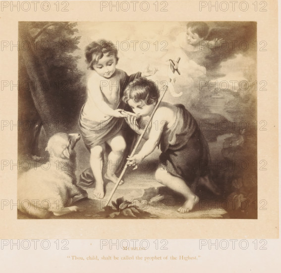 Photo reproduction of a print after a painting, depicting Christ and John the Baptist as children, photograph, reproduction, page, inscription: ''Thou, child, shalt be called the prophet of the Highest.'', after painting by Bartolomé Esteban Murillo, after print by anonymous, c. 1861 - in or before 1871, photographer, after print by, paper, albumen print, height 104 mm x width 126 mm, the Christ-child and John the Baptist (as child), A sepia-toned illustration showing two young children interacting in a pastoral setting, one standing with a draped cloth around the waist and an arm extended while the other kneels and holds a long staff, leaning forward to touch the standing child's hand; a lamb lies nearby looking toward them; a second small child appears partly in the clouds above, reaching down, and soft foliage and rocky ground form the surrounding background.